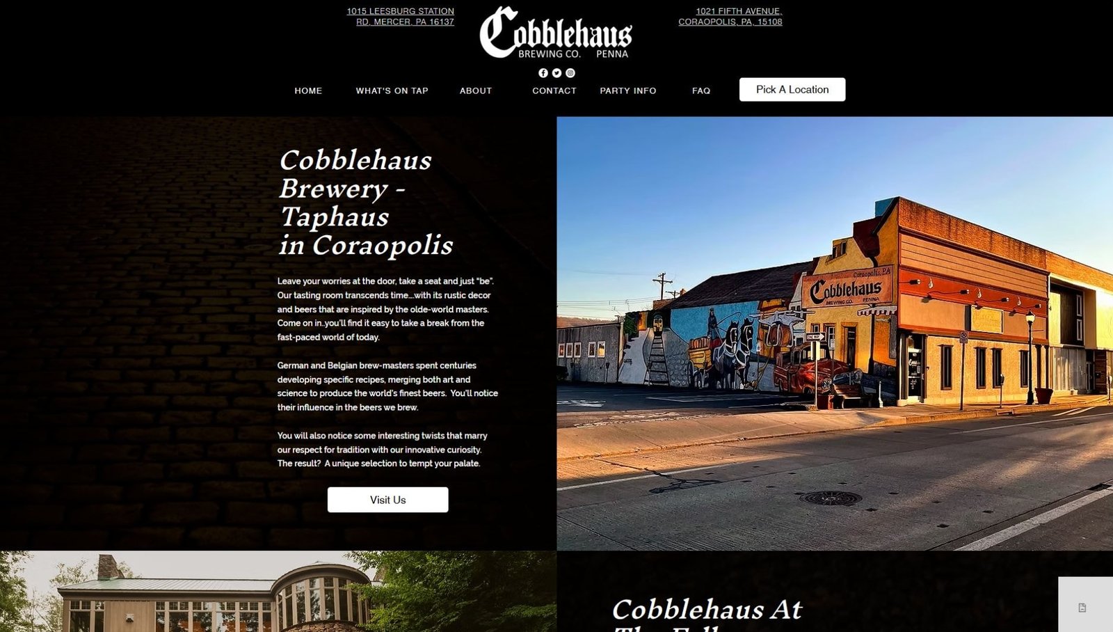 Cobblehaus Brewing Company homepage featuring the Coraopolis taproom