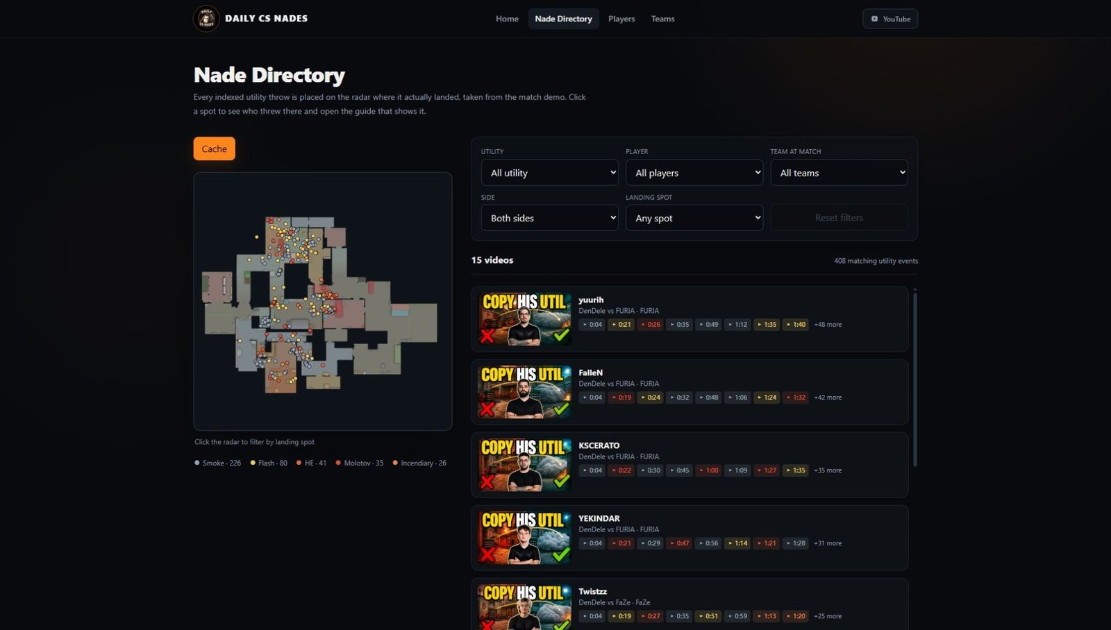 Daily CS Nades directory showing the Cache radar, utility filters, players, and timestamped video links