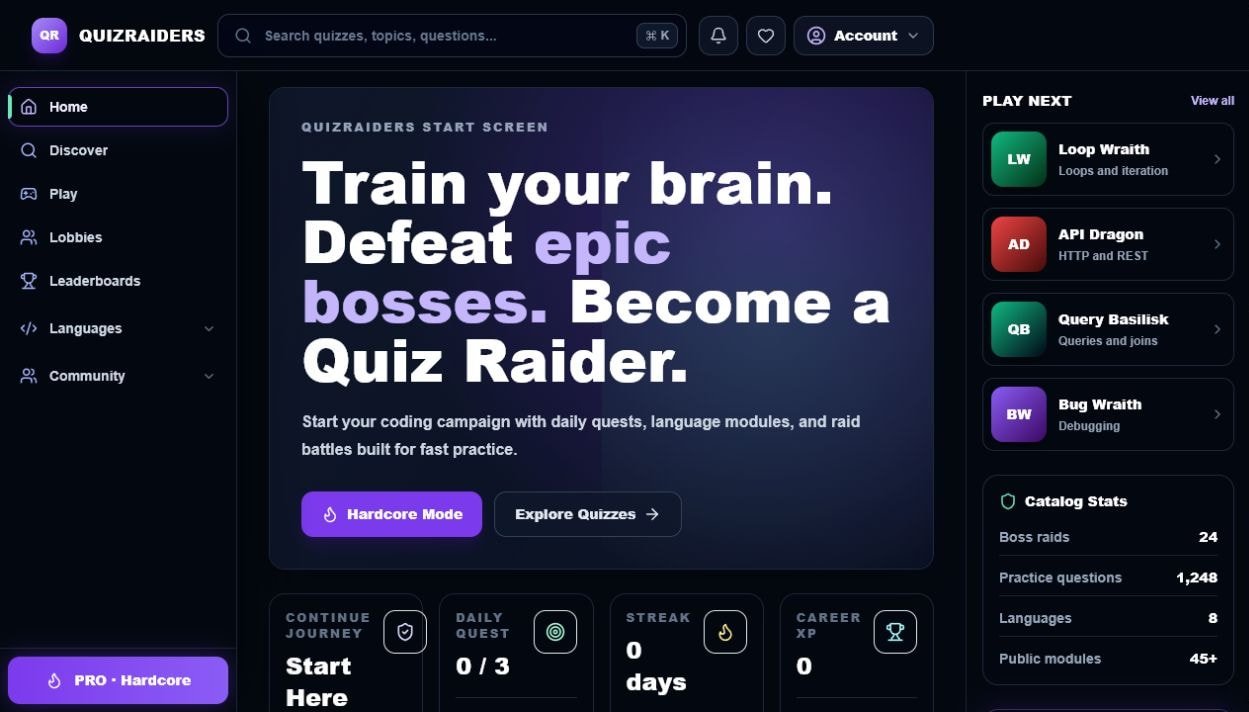 QuizRaiders coding quiz dashboard with boss raids, quests, and language tracks