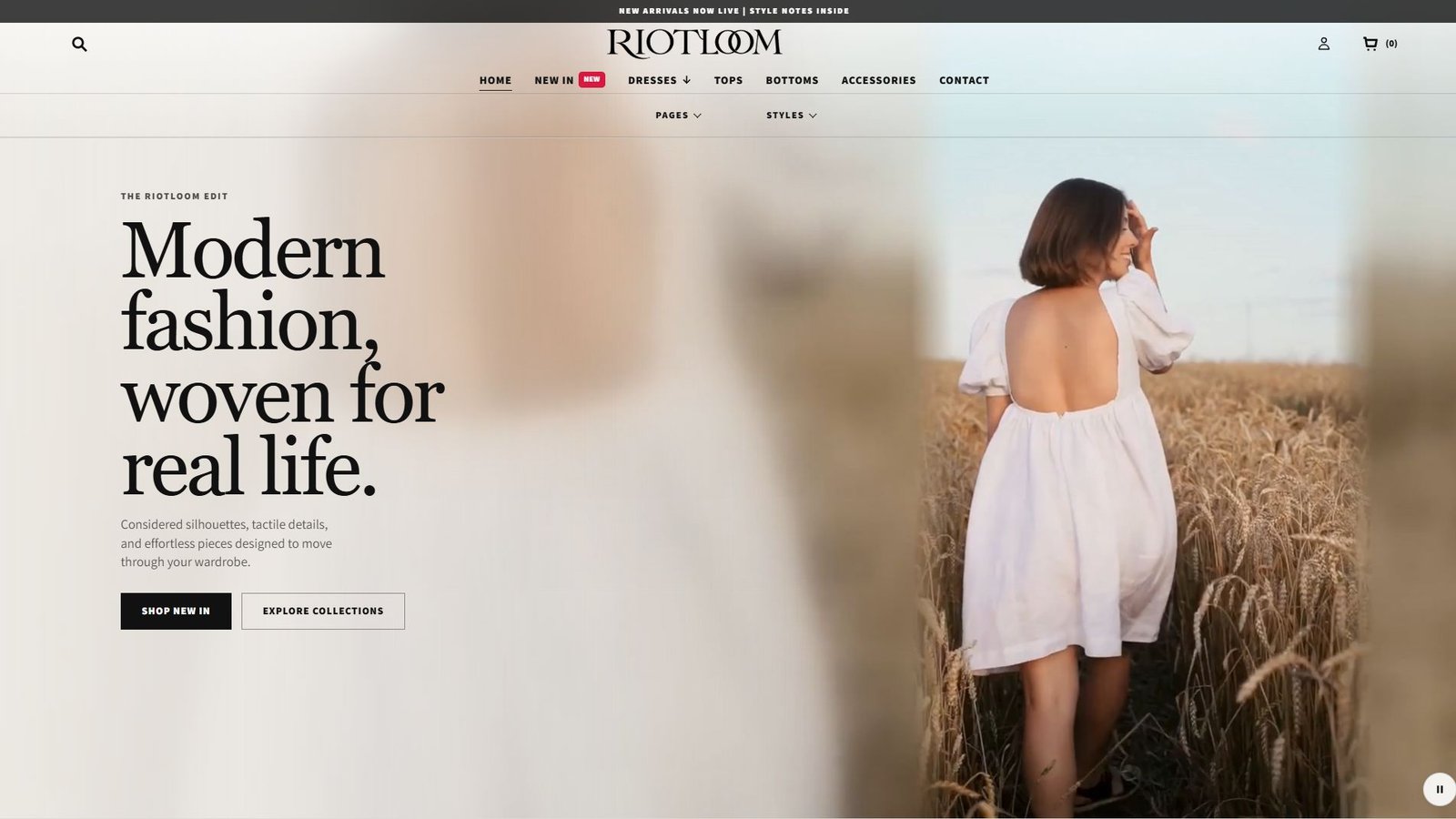 RiotLoom fashion storefront homepage showing the editorial commerce experience